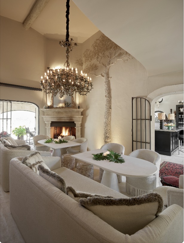 Elegant salon with a fireplace and chandelier