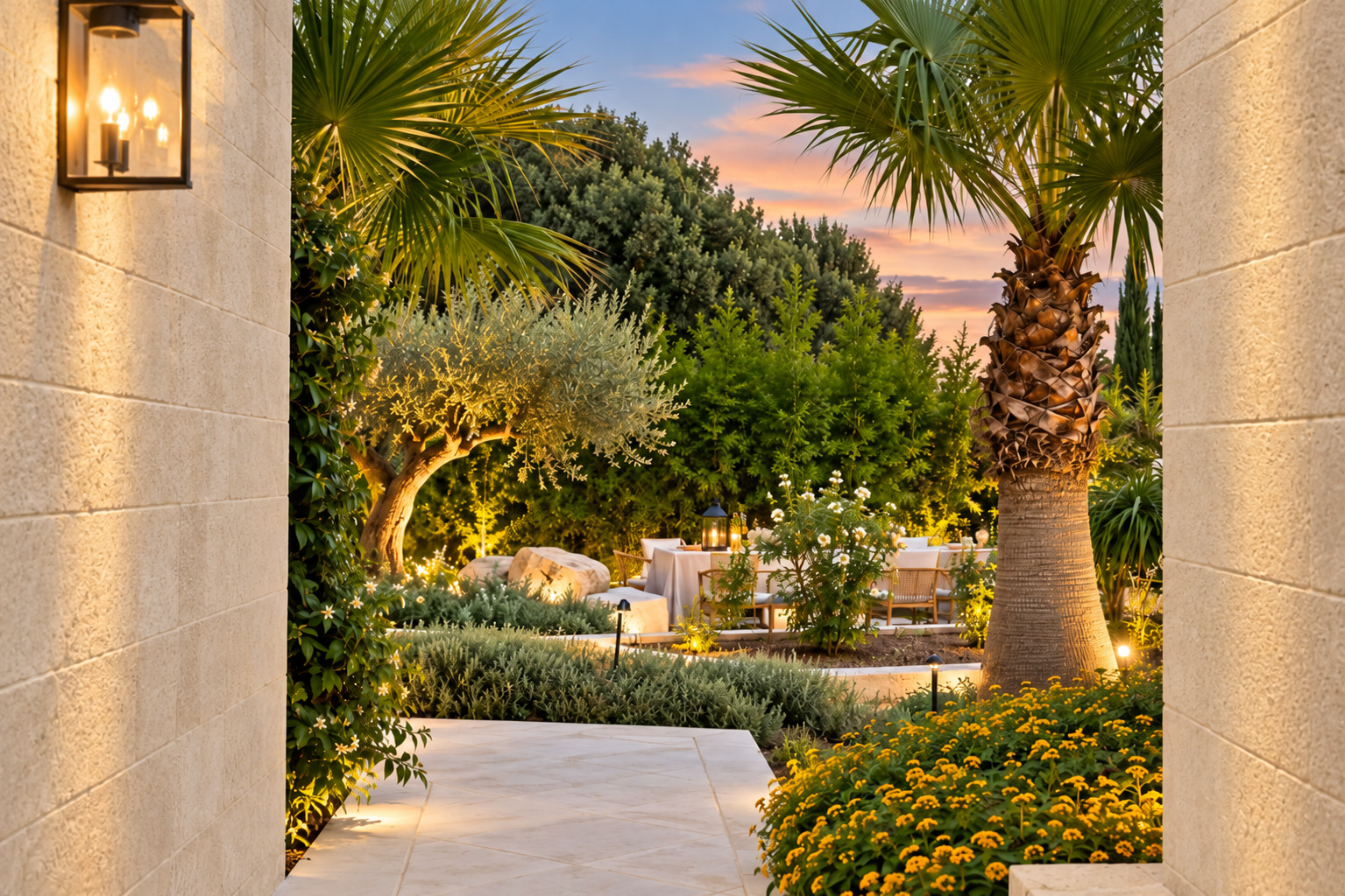 Evening garden walkway with palms and warm lantern light